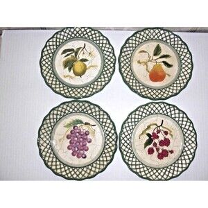 Raymond Waites Cornucopia Fruit Lattice Salad Plates Set of 4 Hand Painted